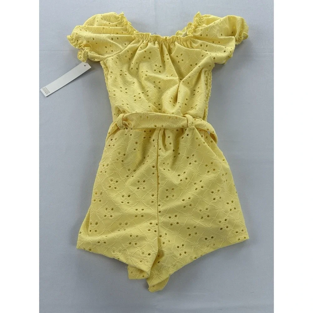 Tahari Girl Romper Size 6 Yellow Eyelet Smocked Puff Sleeve Belted Pockets New